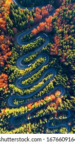 Carpathian Mountains, Romania. Winding road in fall forest scenery, mountain landscape.