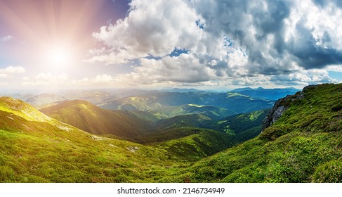 Carpathian mountains summer landscape with blue sky and clouds, natural summer background. Ukraine. Carpathian mountains - Shutterstock ID 2146734949