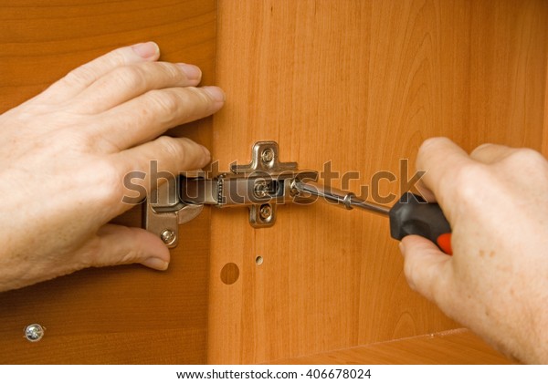 Carpenter Adjusting Cabinet Door Hinge Stock Photo Edit Now