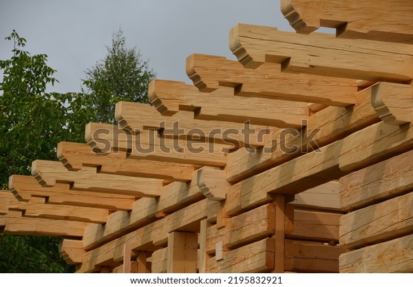 a\
carpenter built a log cabin with rough hewn beams. wood planing was\
not done before. authentic craftsmanship wooden log cabin. mortises\
for placing roof beams. gouging wood, ax, cut, truss,\
