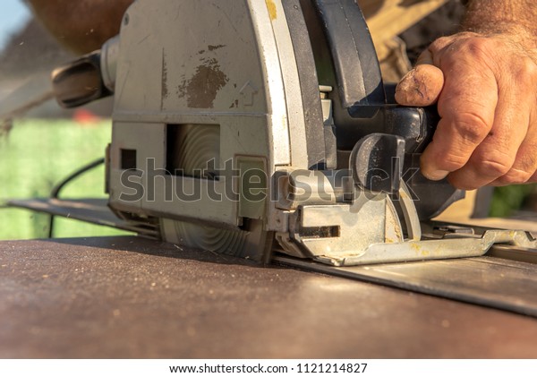 Carpenter Cuts Kitchen Worktop Circular Saw Stock Photo Edit Now