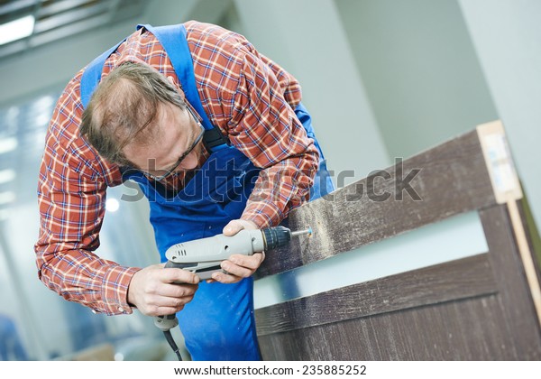 Carpenter Interior Wood Door Lock Installation Stock Photo Edit