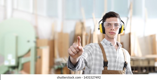 carpenter man touch screen on carpentry background