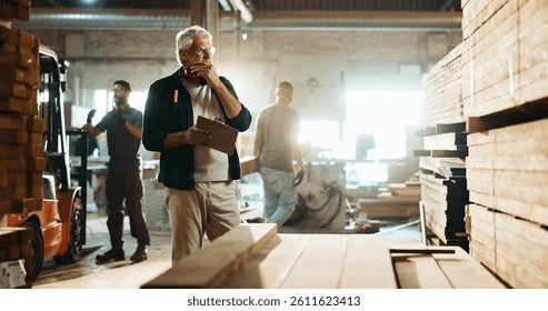 Carpenter, notes and thinking of wood in workshop for timber inspection, quality control and stock checklist. Manufacturing industry, mature man and clipboard for inventory management or supply chain