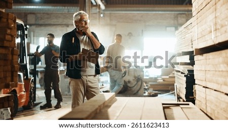 Carpenter, notes and thinking of wood in workshop for timber inspection, quality control and stock checklist. Manufacturing industry, mature man and clipboard for inventory management or supply chain