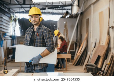 Carpenter in plaid shirt and yellow hardhat holding white board after cutting it in a workshop. Ideal for DIY woodcraft, showcasing a cheerful young man preparing for woodworking projects. Labor day - Powered by Shutterstock