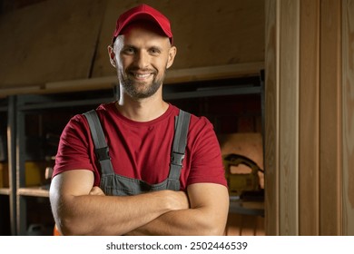 A carpenter stands confidently in a well-organized workshop, showcasing his skills and passion for craftsmanship. The warm, inviting atmosphere highlights the tools and materials.