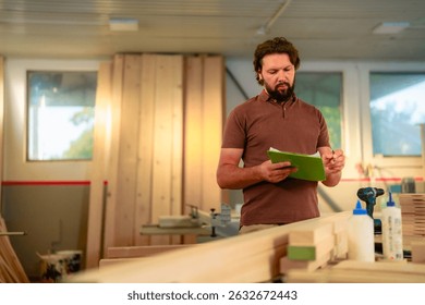 Carpenter is taking notes on a clipboard while checking wood planks in his workshop. Surrounded by woodworking tools and equipment. Showcasing craftsmanship and attention to detail in wood processing - Powered by Shutterstock - Get 15% off with code: PIKWIZARD15