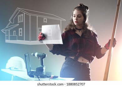 Carpenter Woman. She Is Holding A Piece Of Paper And A Piece Of Furniture. Concept - Carpenter Prepares Furniture For House. Сarpenter Looks At Blueprints For Building. Laptop Next To Furniture Maker