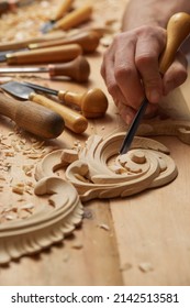 Carpenter wood carving equipment. Woodworking, craftsmanship and handwork concept. Wood processing. Joinery work Wood carving Chisels for carving on the woodworker desk Timber Joinery work. - Shutterstock ID 2142513581