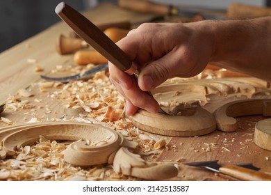 Carpenter wood carving equipment. Woodworking, craftsmanship and handwork concept. Wood processing. Joinery work Wood carving Chisels for carving on the woodworker desk Timber Joinery work.
