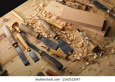 Carpenter Wood Carving Equipment. Woodworking, Craftsmanship And Handwork Concept