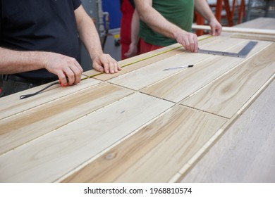 Carpenters Working On Wood Factory With Machines. Wooden Furniture Manufacturing Process. Carpentry Workshop Location.