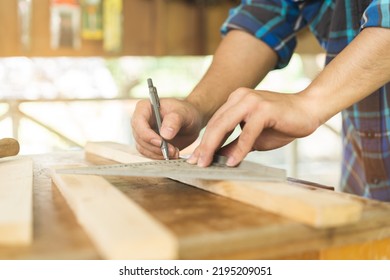 Carpentry Professional, Hand Of Asian Young Man, Male Carpenter Use Tape Measure, Tool On Board Wood In Small Shop. Woodwork, Furniture Making, Construction Industry. Owner Small Business People.