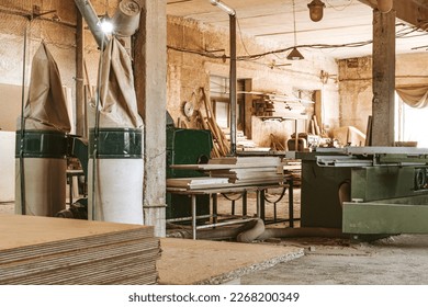 Carpentry shop interior with wood and tools