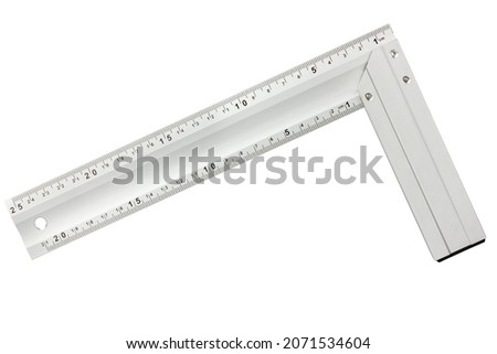 Carpentry tool. Measuring tool. Metal square. Measuring scale. Ruler.