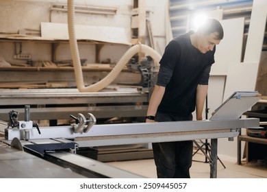 Carpentry workshop industry, craftsman hand marking wooden kitchen furniture. - Powered by Shutterstock