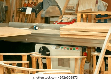 Carpentry workshop with machine tool, circular saw                               