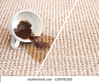 Carpet With Cup And Spilled Coffee Before And After Cleaning