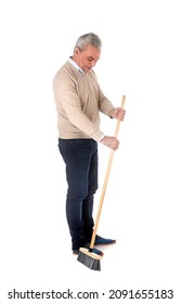 Carpet Sweeper And Man In Front Of White Background