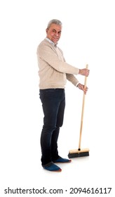 Carpet Sweeper And Man In Front Of White Background