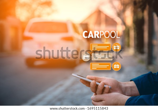 Carpool concept - modern form of mobility\
passenger transport. Person with smartphone is looking for\
carpooling or\
rideshare.