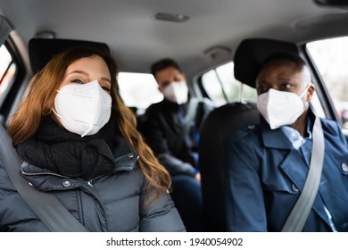 Carpool Ride Share. Friends Enjoy Taxi In Face Mask