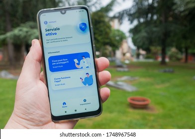 Carrara, Italy - June 04, 2020 - Man Check The Contact Tracer App Immuni, Developed For The Italian Government, To Monitor Covid-19 Infections In The Area.