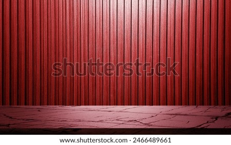 carrara marble table in front of red vertical walnut wooden slats background with red light from above for product displayed. stone table with wooden in striped line pattern backdrop, monochrome.