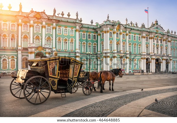 The carriage horses in front of the Winter\
Palace in St. Petersburg