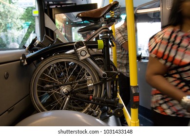 Carries Folding Bicycles On A Public Bus, UK Public Transport Scheme. Folding Bikes Are Officially Allowed Being Carried On Public Bus In The UK.
