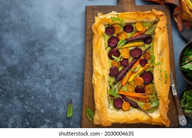 Carrot And Beet Tart With Pesto And Phyllo Dough. Savoury Vegetable Baking. Homemade Vegetarian Food.Top View.