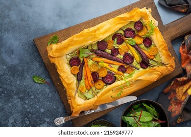 Carrot And Beet Tart With Pesto And Phyllo Dough. Savoury Vegetable Baking. Homemade Vegetarian Food.Top View.