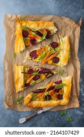 Carrot And Beet Tart With Pesto And Phyllo Dough. Savoury Vegetable Baking. Homemade Vegetarian Food.Top View.