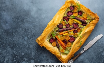 Carrot And Beet Tart With Pesto And Phyllo Dough. Savoury Vegetable Baking. Homemade Vegetarian Food.Top View.