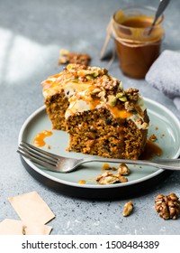 Carrot Cake (bread, Pie) With Nuts, Cheese Cream And Salted Caramel. Favorite Delicious Coffee Cake