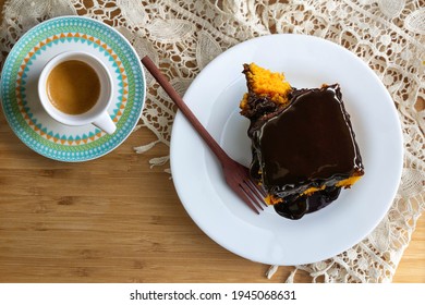 Carrot cake with chocolate and coffee - Traditional brazilian cake. Top view