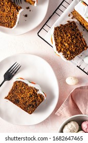 Carrot Cake With Cream Cheese Frosting For Easter Decorated. Top View.