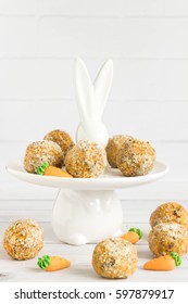 Carrot Cake Energy  Balls On Bunny Shaped Cake Stand.