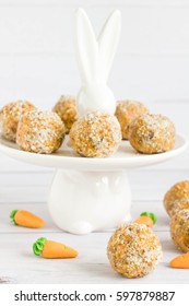 Carrot Cake Energy  Bites On Rabbit Shaped Cake Stand.