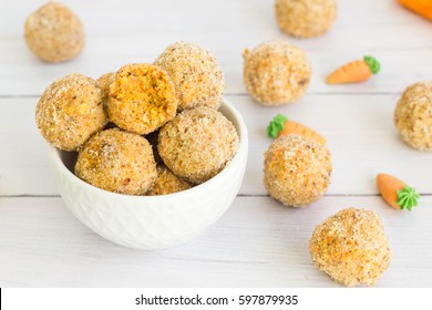 Carrot Cake Energy Bites In White Bowl.