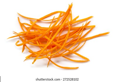 Carrot Curls, Isolated On White.  Overhead View.