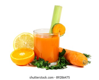 Carrot juice with fruits and vegetables isolated on white background
