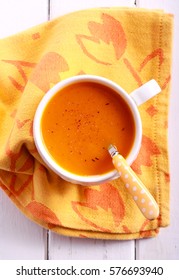 Carrot And Orange Soup With Nutmeg, Overhead Shot