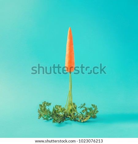 Carrot rocket launch on pastel sky blue background. Easter minimal concept.
