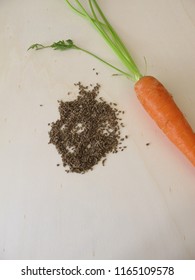 Carrot Seeds For Sowing On Wooden Board