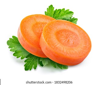 Carrot slice. Carrot slice isolate. Carrots, parsley on white background. Vegetable with herbs. 