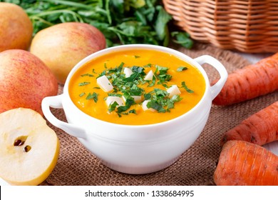 Carrot Soup With Apple In A Bowl Of Mozzarella, Horizontal