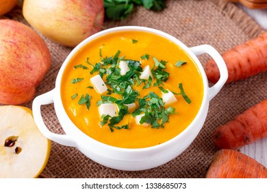 Carrot Soup With Apple In A Bowl Of Mozzarella, Horizontal