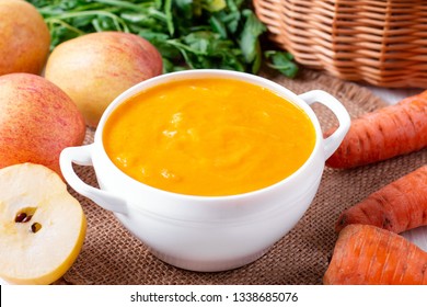 Carrot Soup With Apple In A Bowl Of Mozzarella, Horizontal